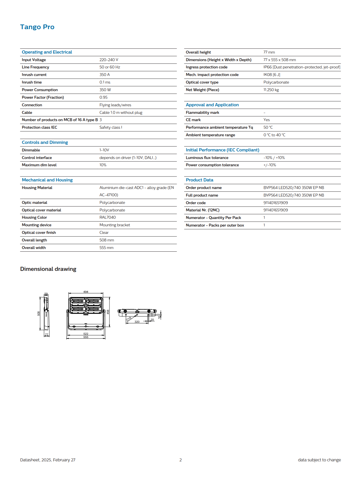 PHILIPS LED Flood Light BVP564 LED520/740 350W EP NB 911401651909 PHILIPS LED Flood Light BVP564 LED520/740 350W EP NB 911401651909