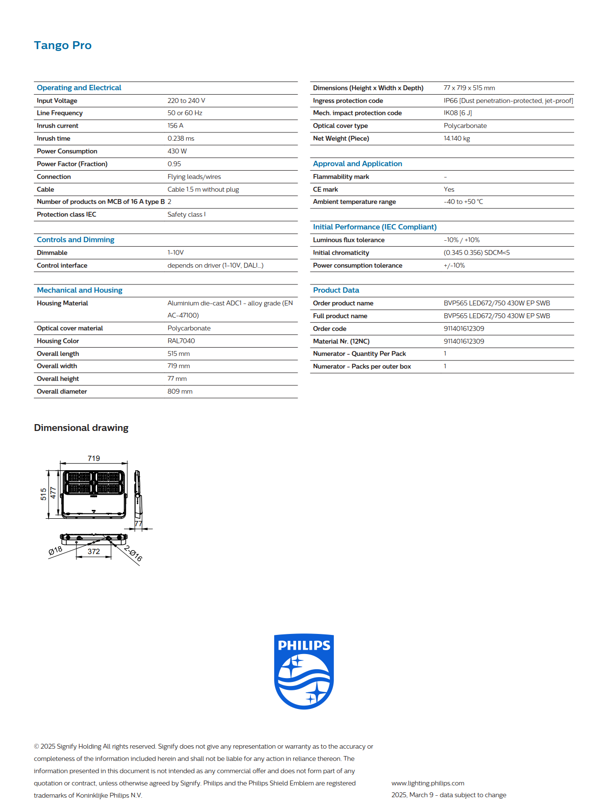 PHILIPS LED Flood Light BVP565 LED672/750 430W EP SWB 911401612309 PHILIPS LED Flood Light BVP565 LED672/750 430W EP SWB 911401612309