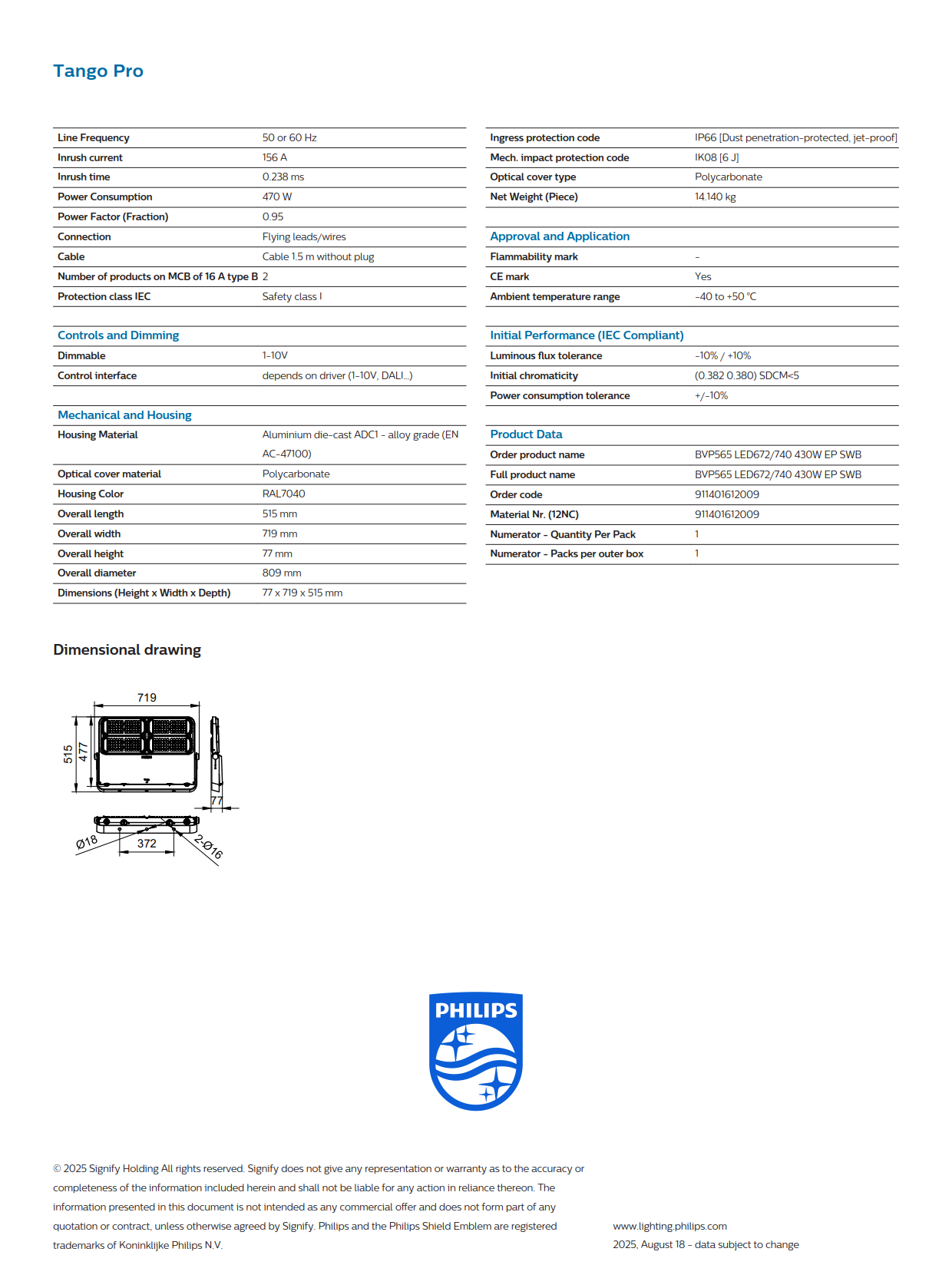 PHILIPS LED Flood Light BVP565 LED672/740 430W EP SWB 911401612009 PHILIPS LED Flood Light BVP565 LED672/740 430W EP SWB 911401612009