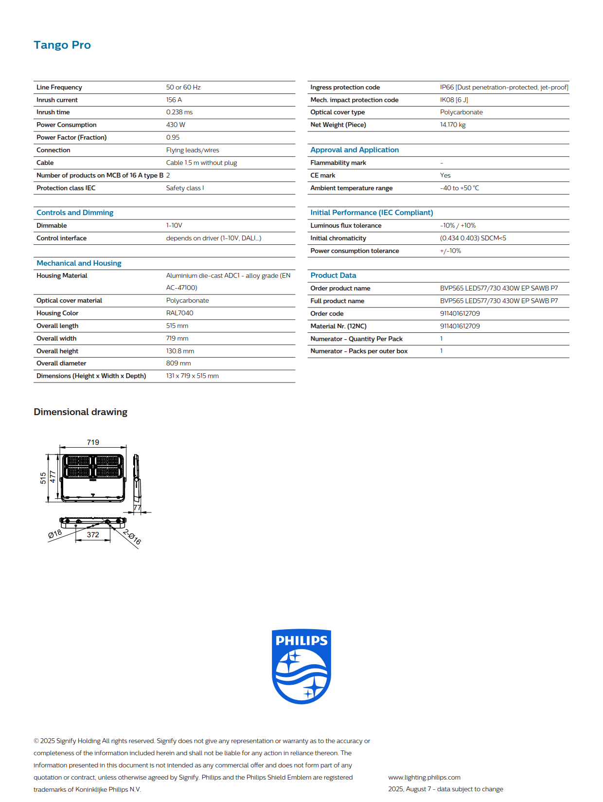 PHILIPS LED Flood Light BVP565 LED577/730 430W EP SAWB P7 911401612709 PHILIPS LED Flood Light BVP565 LED577/730 430W EP SAWB P7 911401612709