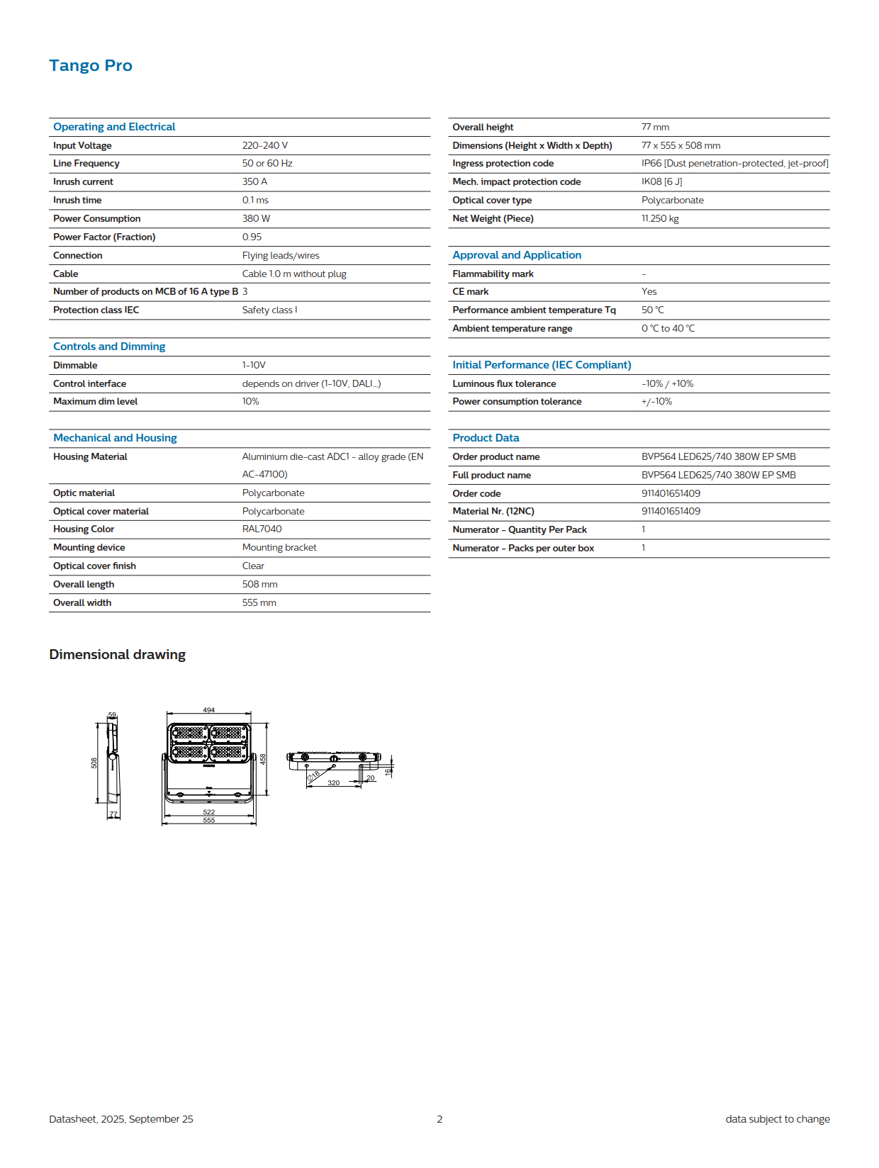 PHILIPS LED Flood Light BVP564 LED625/740 380W EP SMB 911401651409 PHILIPS LED Flood Light BVP564 LED625/740 380W EP SMB 911401651409