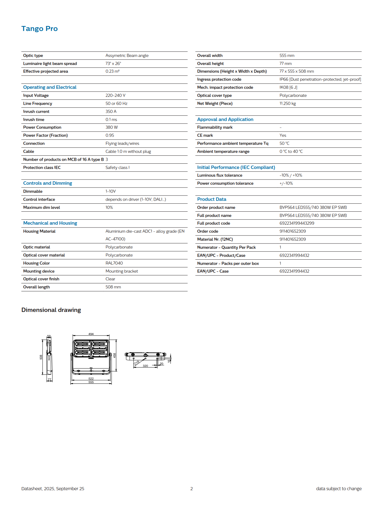 PHILIPS LED Flood Light BVP564 LED555/740 380W EP SWB 911401652309