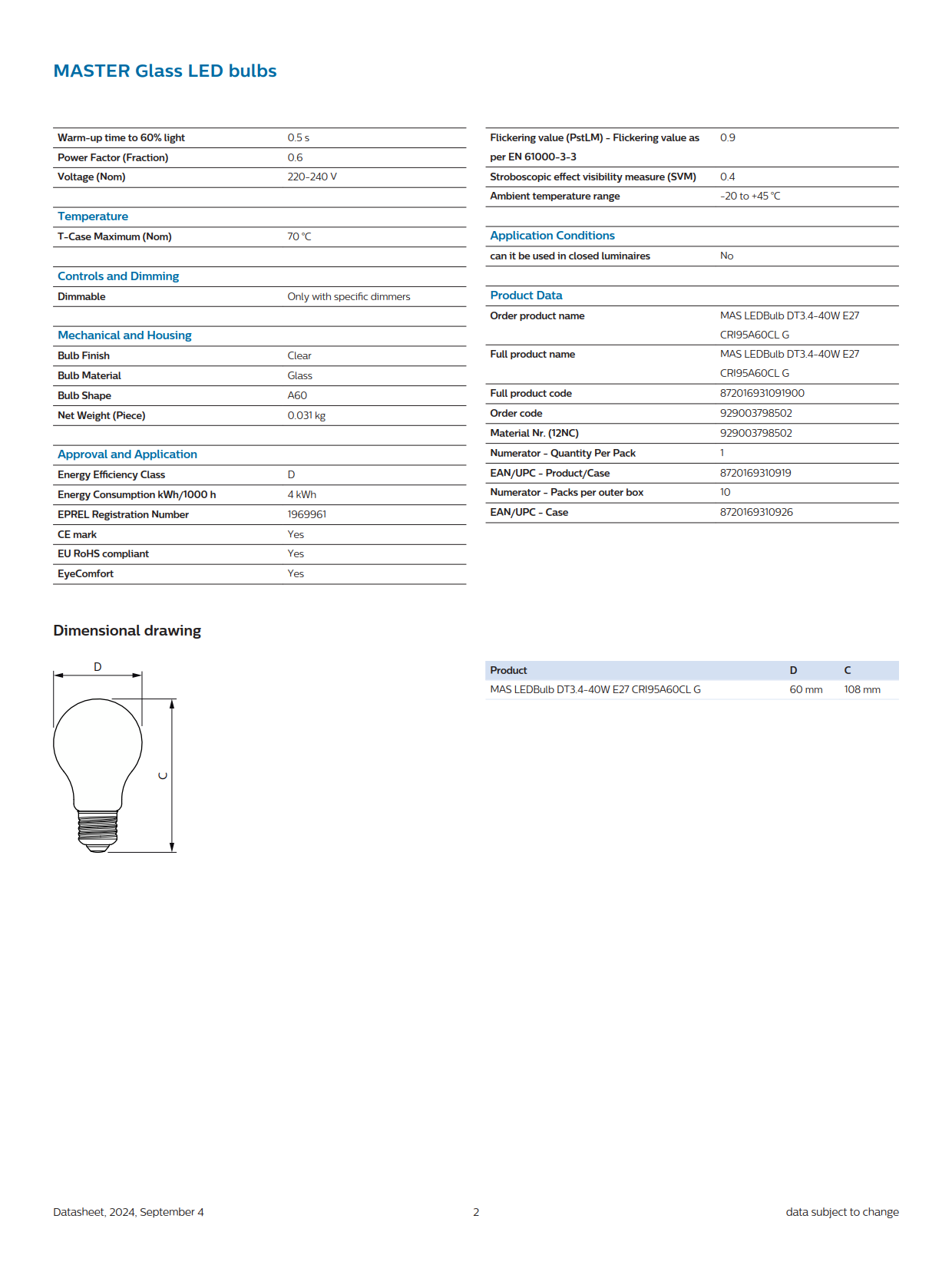 PHILIPS Dimmable Bulb MAS LEDBulb DT 3.4-40W E27 CRI95 A60 CL G 929003798502 PHILIPS Dimmable Bulb MAS LEDBulb DT 3.4-40W E27 CRI95 A60 CL G 929003798502