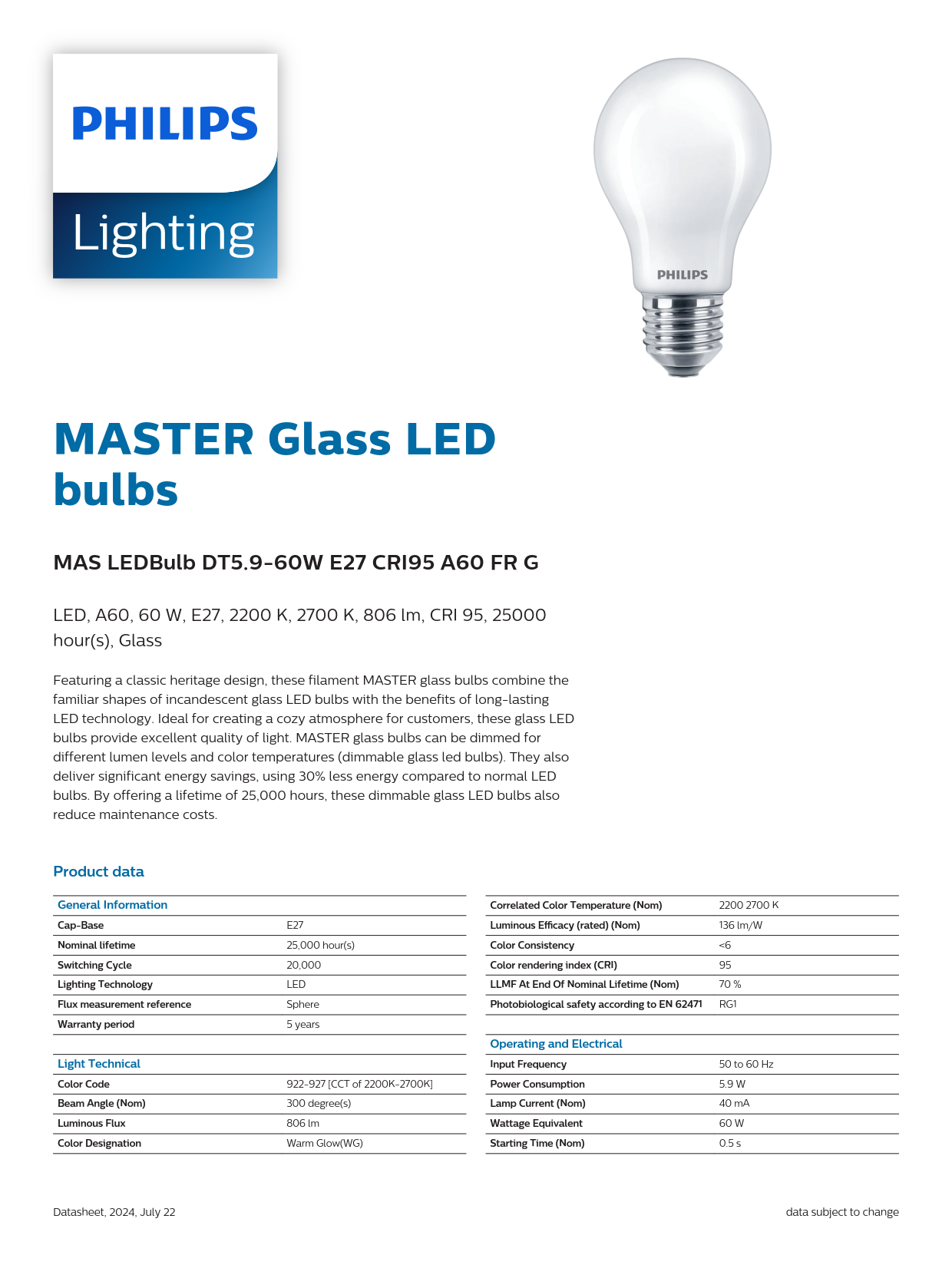 PHILIPS Dimmable bulb MAS LED Bulb DT5.9-60W E27 CRI95 A60 FR G 929003799002 PHILIPS Dimmable bulb MAS LED Bulb DT5.9-60W E27 CRI95 A60 FR G 929003799002