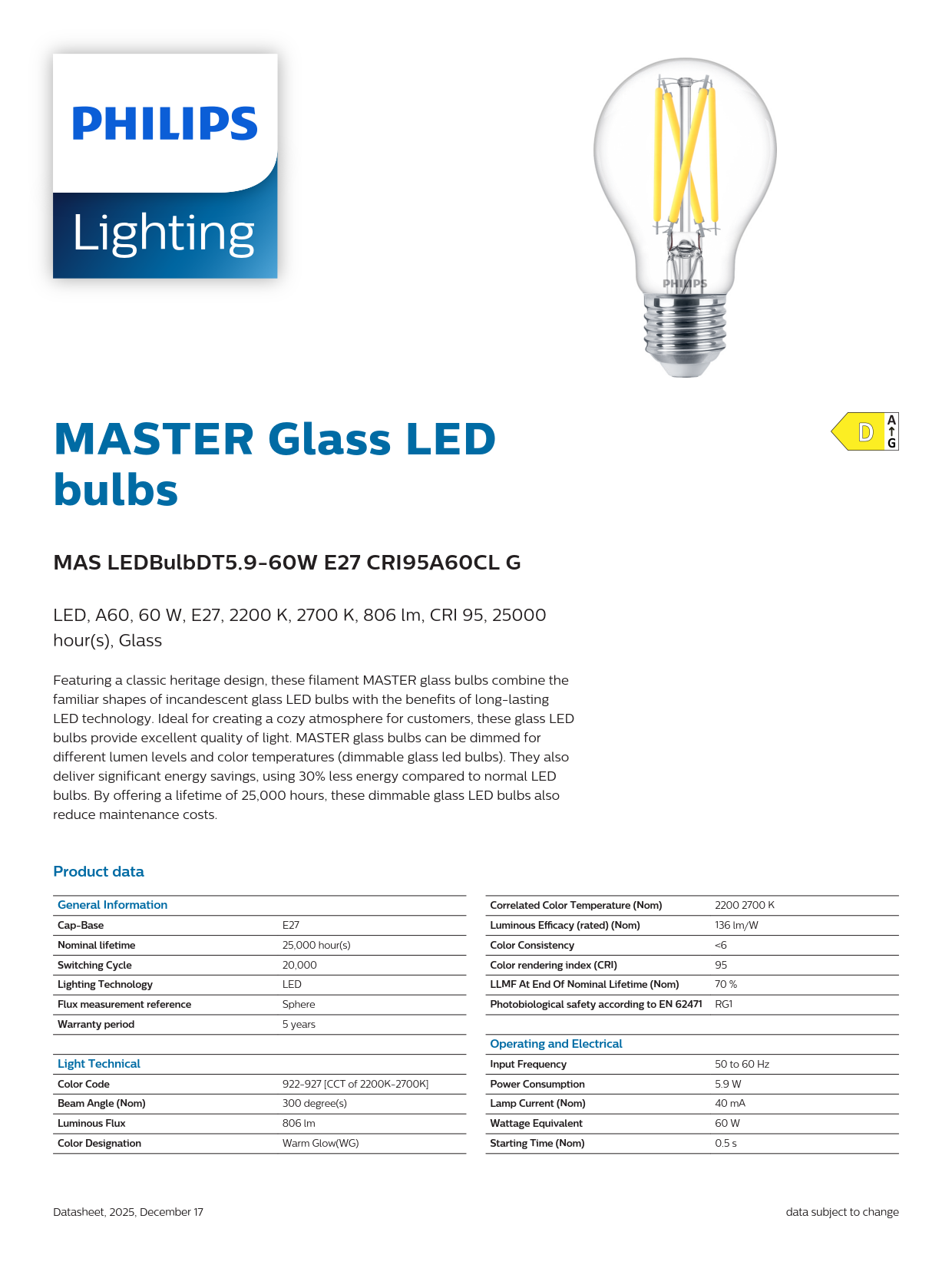PHILIPS Dimmable bulb MAS LEDBulb DT 5.9-60W E27 CRI95 A60 CL G 929003798682 PHILIPS Dimmable bulb MAS LEDBulb DT 5.9-60W E27 CRI95 A60 CL G 929003798682