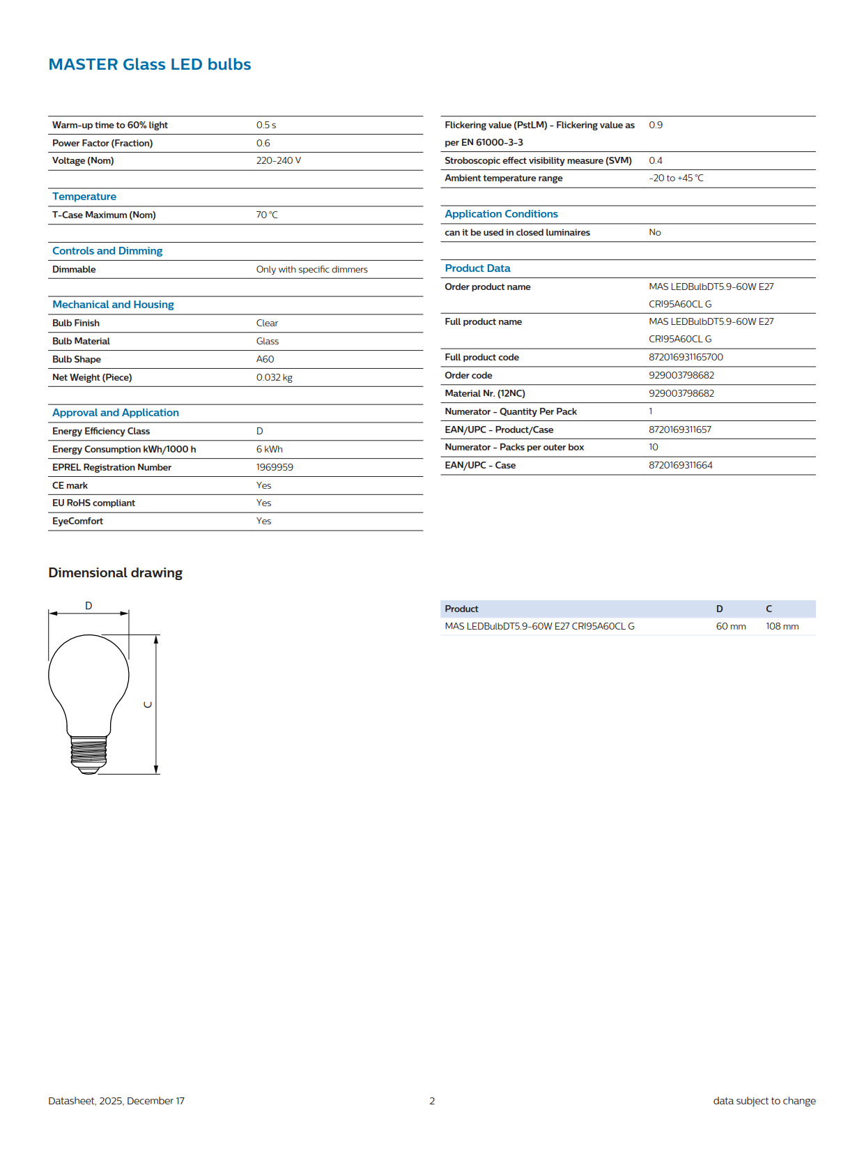 PHILIPS Dimmable bulb MAS LEDBulb DT 5.9-60W E27 CRI95 A60 CL G 929003798682 PHILIPS Dimmable bulb MAS LEDBulb DT 5.9-60W E27 CRI95 A60 CL G 929003798682
