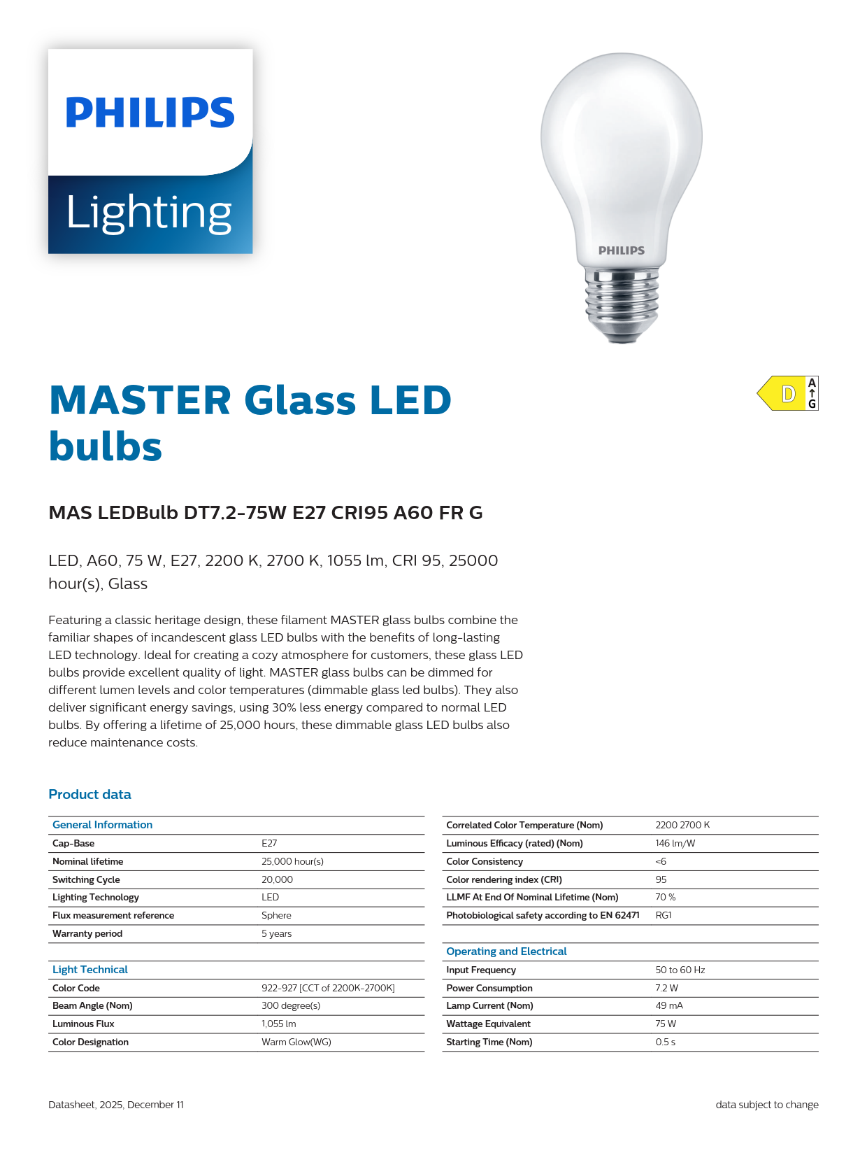 PHILIPS Dimmable bulb MAS LEDBulb DT 7.2-75W E27 CRI95 A60 FR G 929003799102 PHILIPS Dimmable bulb MAS LEDBulb DT 7.2-75W E27 CRI95 A60 FR G 929003799102