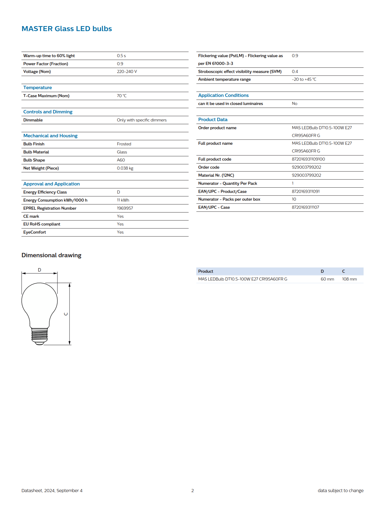 PHILIPS Dimmable bulb MAS LEDBulb DT 10.5-100W E27 CRI95 A60 FR G 929003799202 PHILIPS Dimmable bulb MAS LEDBulb DT 10.5-100W E27 CRI95 A60 FR G 929003799202