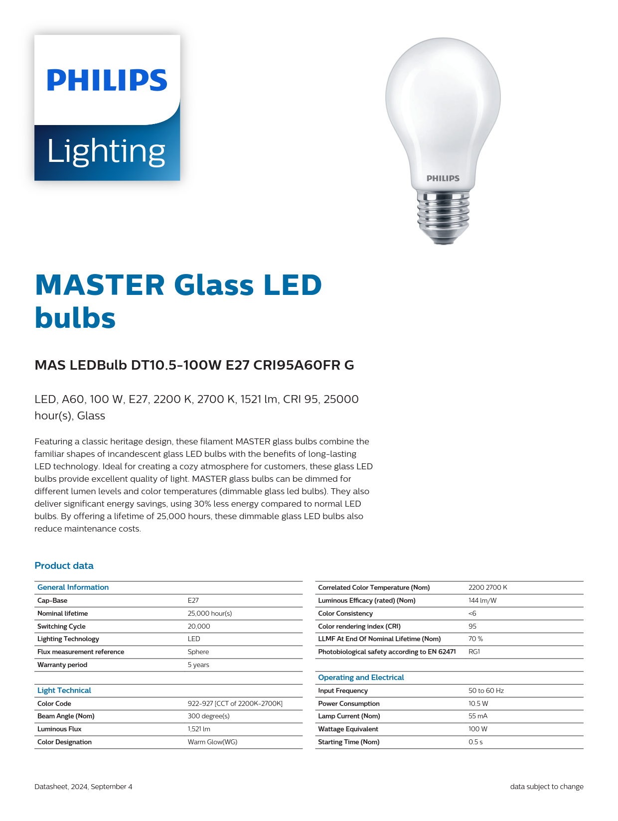 PHILIPS Dimmable bulb MAS LEDBulb DT 10.5-100W E27 CRI95 A60 FR G 929003799202 PHILIPS Dimmable bulb MAS LEDBulb DT 10.5-100W E27 CRI95 A60 FR G 929003799202