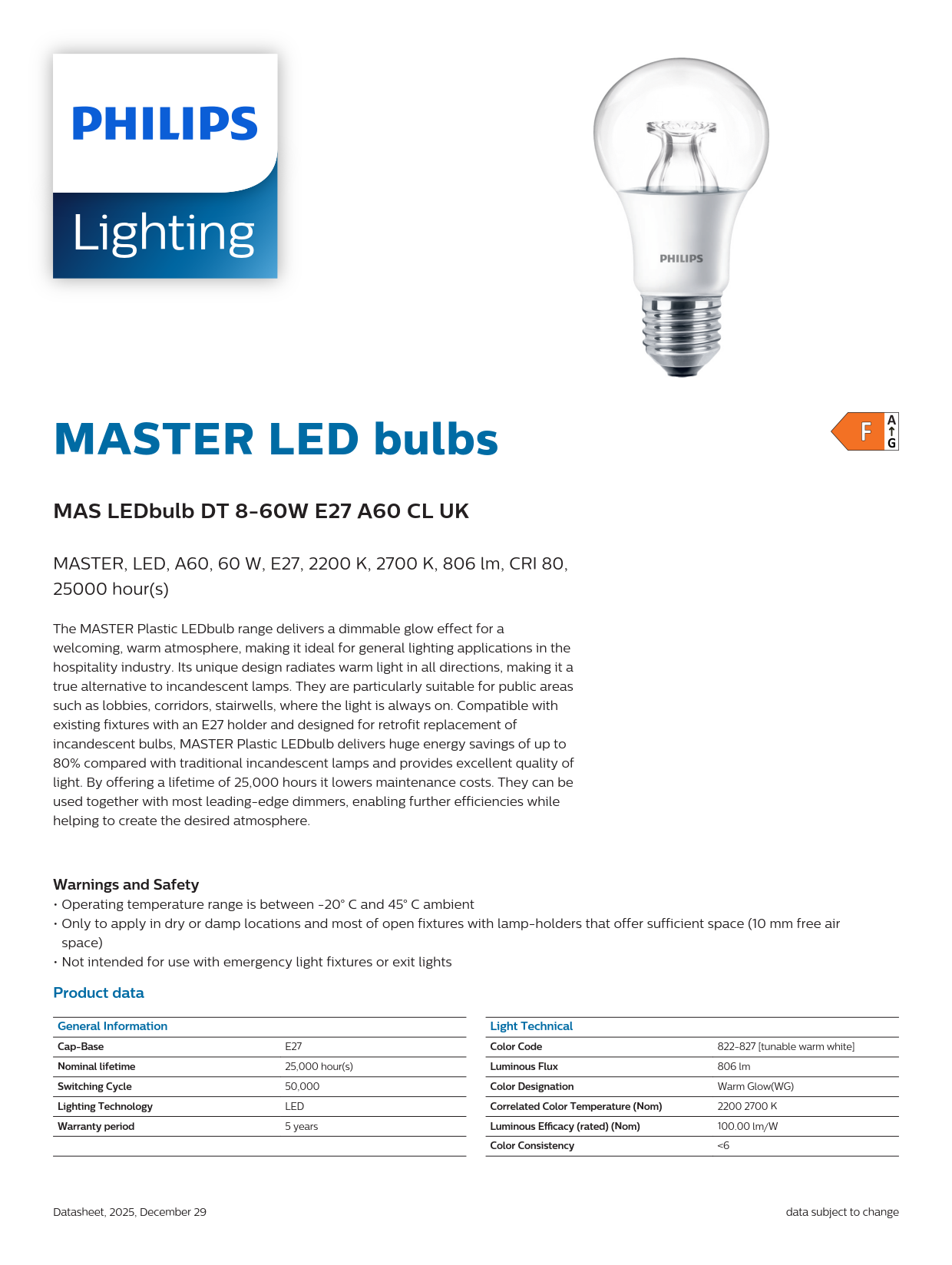 PHILIPS Dimmable bulb MAS LEDbuIb DT 8-60W E27 A60 CL UK 929002490299 PHILIPS Dimmable bulb MAS LEDbuIb DT 8-60W E27 A60 CL UK 929002490299