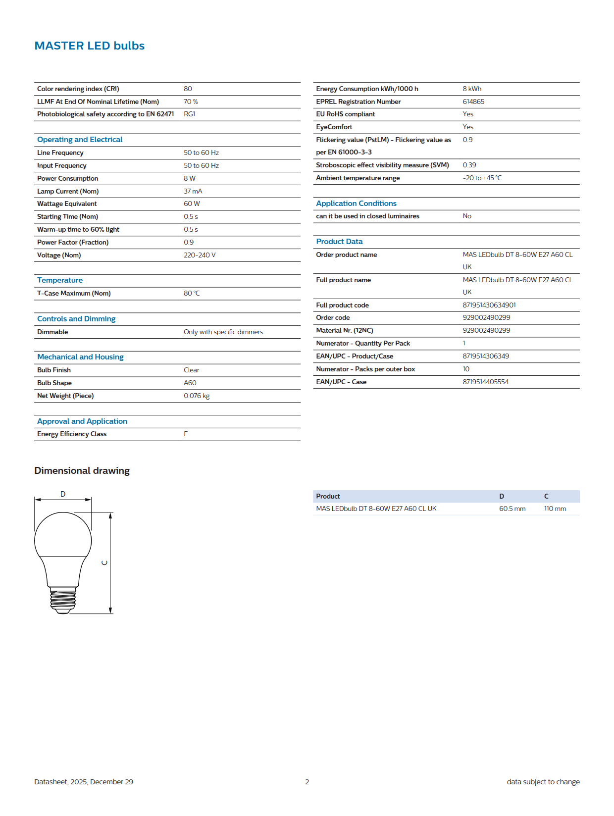 PHILIPS Dimmable bulb MAS LEDbuIb DT 8-60W E27 A60 CL UK 929002490299 PHILIPS Dimmable bulb MAS LEDbuIb DT 8-60W E27 A60 CL UK 929002490299