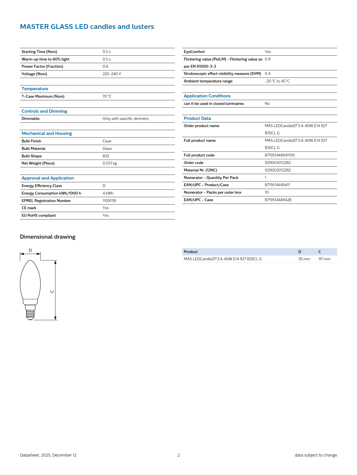 PHILIPS Dimmable bulb MAS LEDCandle DT 3.4-40W E14 927 B35 CL G 929003012282 PHILIPS Dimmable bulb MAS LEDCandle DT 3.4-40W E14 927 B35 CL G 929003012282