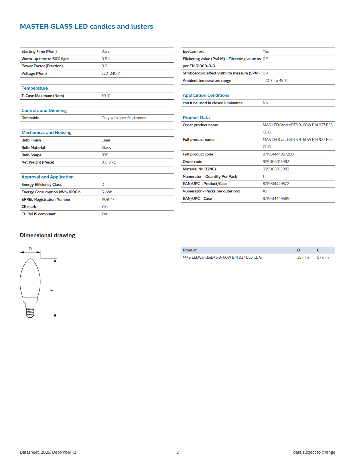 PHILIPS Dimmable bulb MAS LEDCandle DT 5.9-60W E14 927 B35 CL G 929003013982