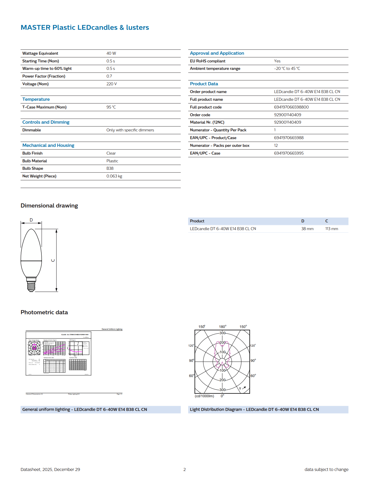 PHILIPS Dimmable bulb MAS LEDCandle DT 6-40W E14 B38 CL CN 929001140409
