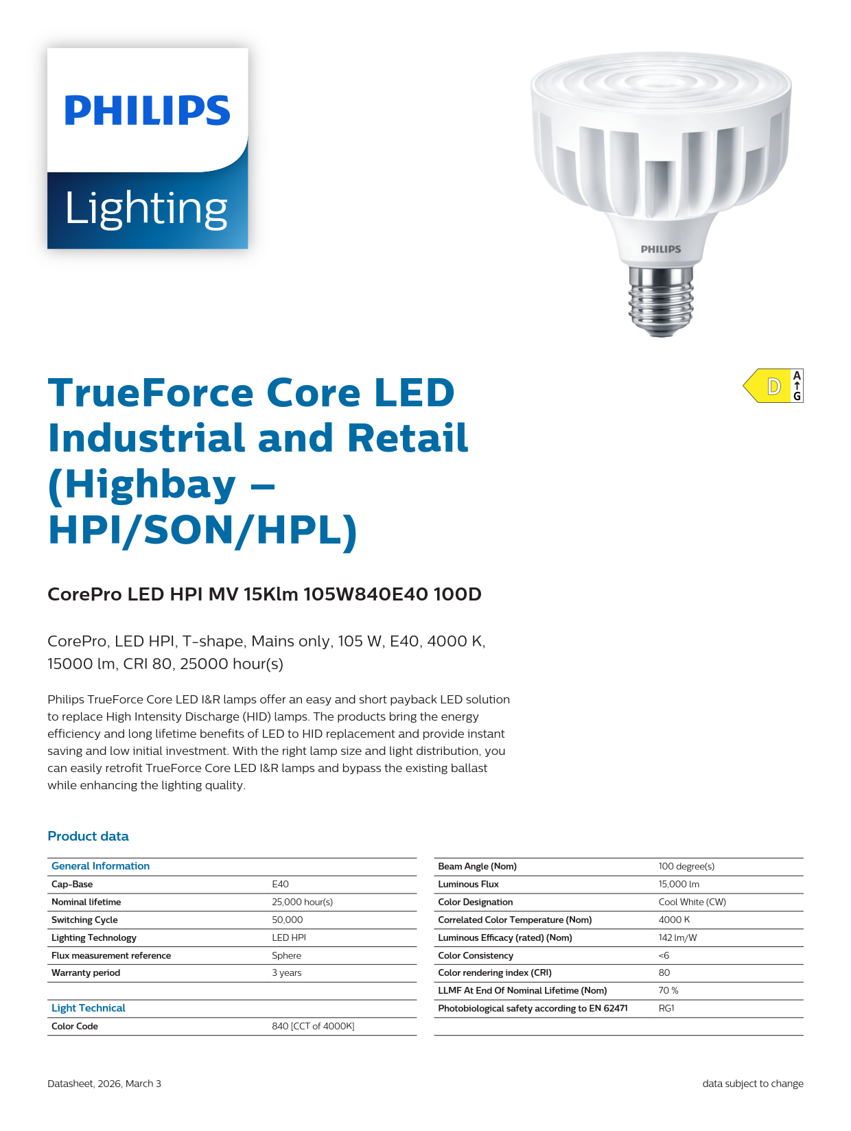 PHILIPS TrueForce CorePro LED HPI MV 15Klm 105W 840 E40 NB 929003161710 PHILIPS TrueForce CorePro LED HPI MV 15Klm 105W 840 E40 NB 929003161710