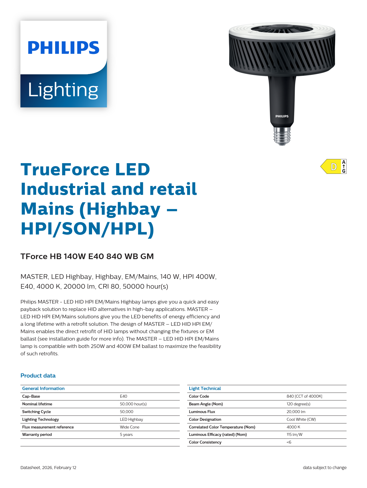 PHILIPS TrueForce CorePro LED HPI MV 20Klm 140W 865 E40 WB 929002281910