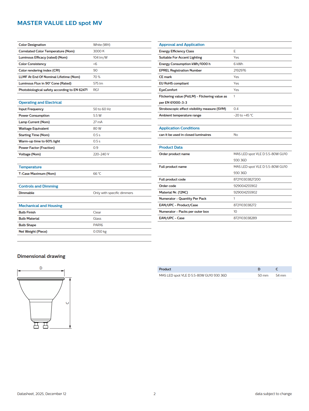PHILIPS MASTER MAS LED spot VLE D 5.5-80W GU10 930 36D 929004255902