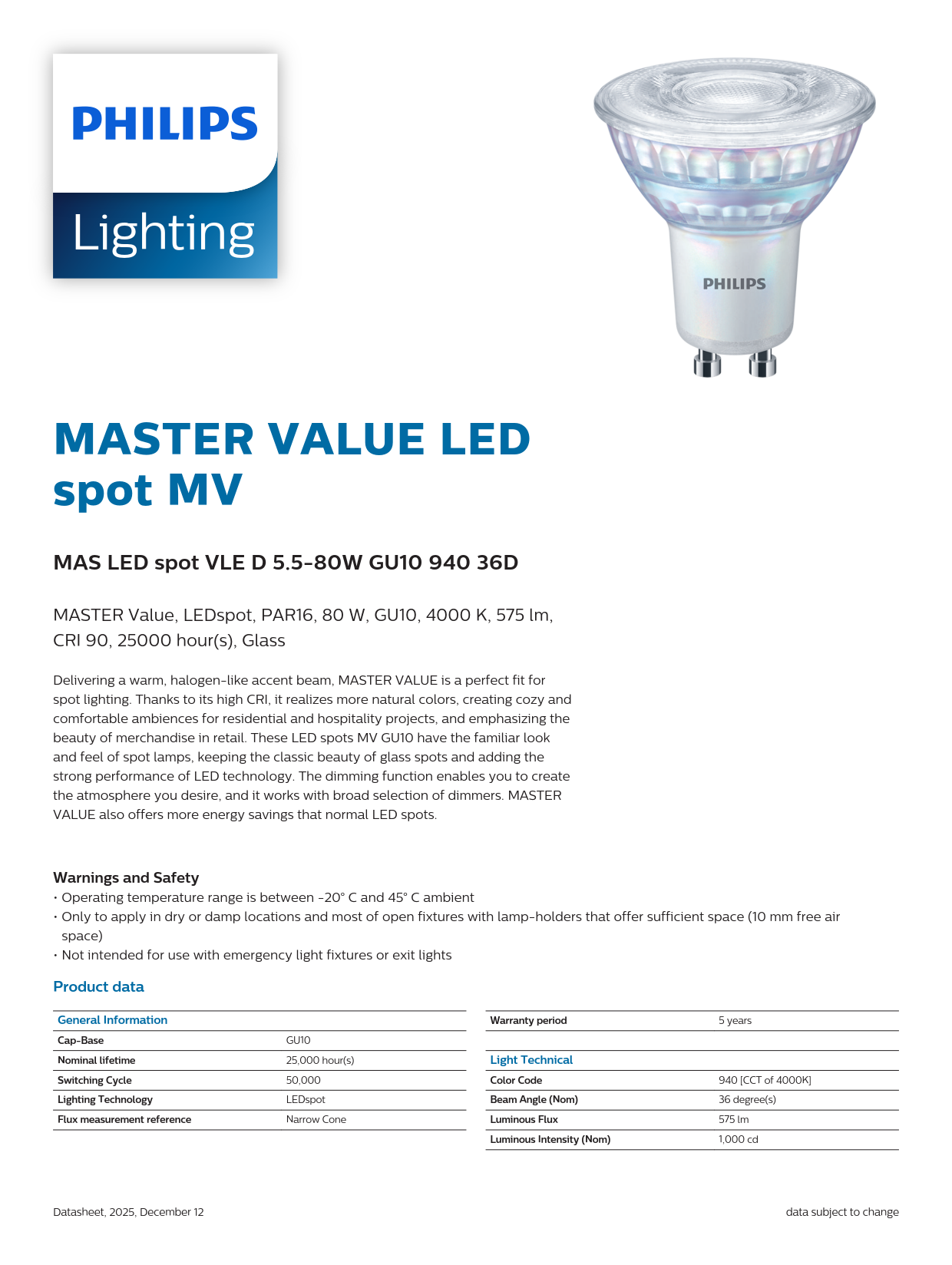 PHILIPS MASTER MAS LED spot VLE D 5.5-80W GU10 940 36D 929004256002