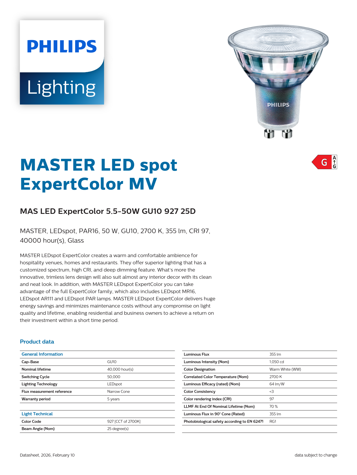 PHILIPS MASTER MAS LED ExpertColor 5.5-50W GU10 927 25D 929001347002