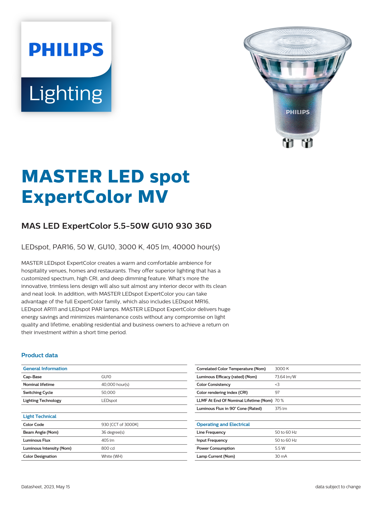 PHILIPS MASTER MAS LED ExpertColor 5.5-50W GU10 927 36D 929001347308