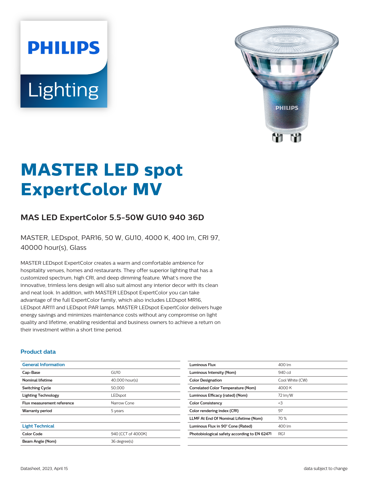 PHILIPS MASTER MAS LED ExpertColor 5.5-50W GU10 940 36D 929001347502