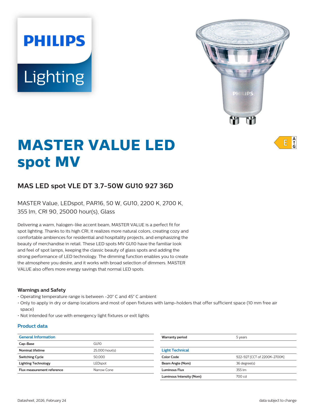 PHILIPS MASTER MAS LED spot VLE DT 3.7-50W GU10 927 36D 929004247202