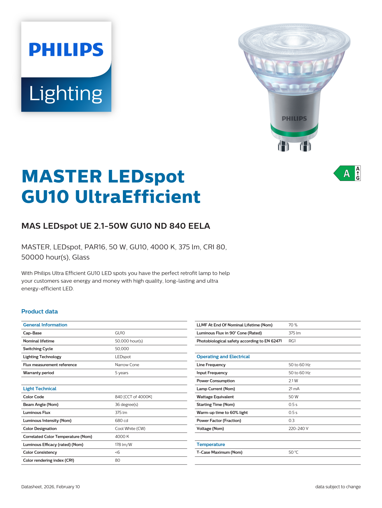 PHILIPS MASTER MAS LED GU10 UE 2.1-50W 840 36D EELA 929003610102