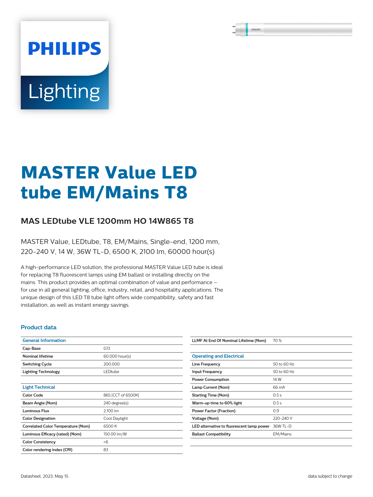 PHILIPS MASTER LED tube MAS LEDtube VLE 1200mm HO 14W 865 T8 929003070308