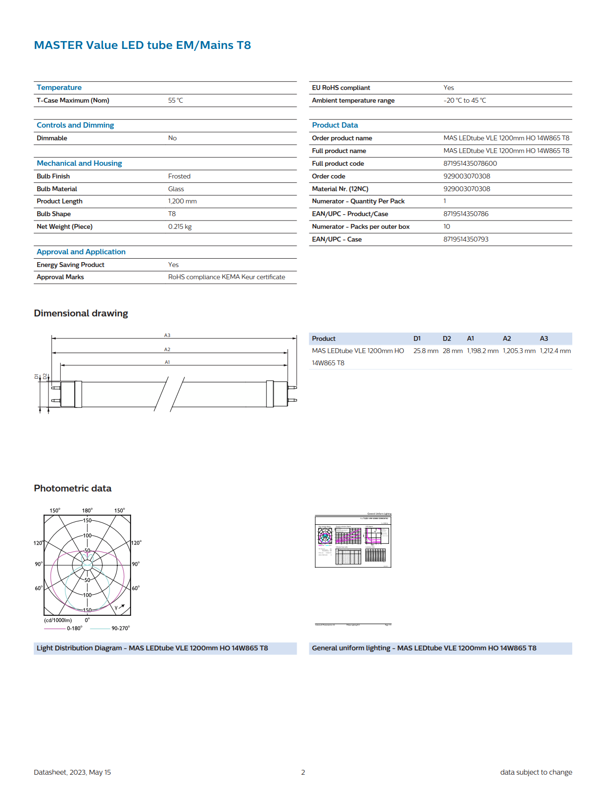 PHILIPS MASTER LED tube MAS LEDtube VLE 1200mm HO 14W 865 T8 929003070308