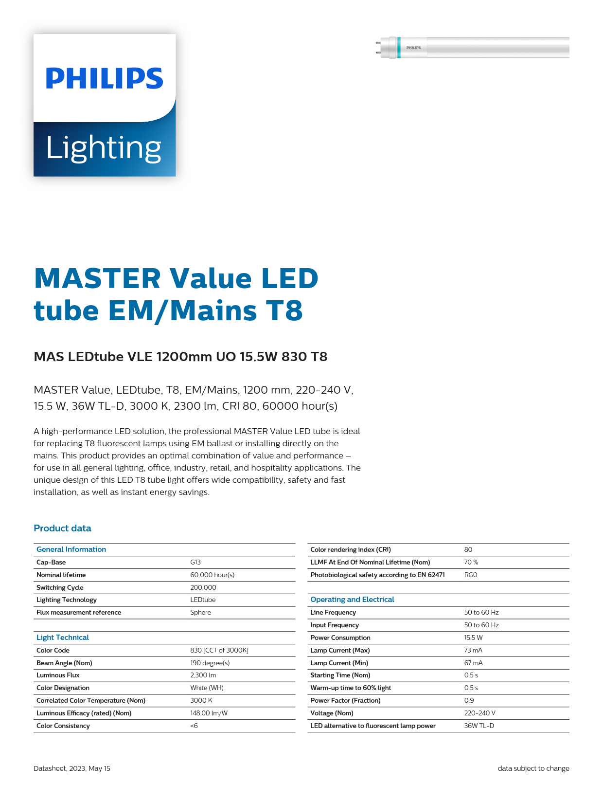 PHILIPS MASTER LED tube MAS LEDtube VLE 1200mm UO 15.5W 830 T8 929002997602