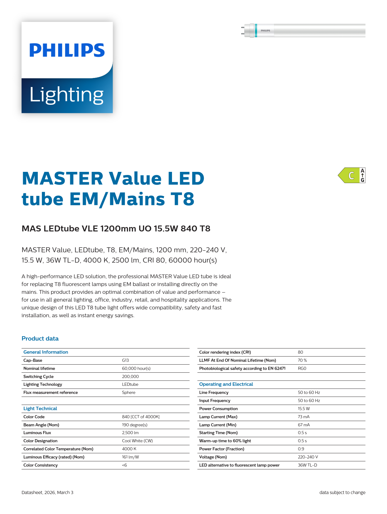 PHILIPS MASTER LED tube MAS LEDtube VLE 1200mm UO 15.5W 840 T8 929002997702
