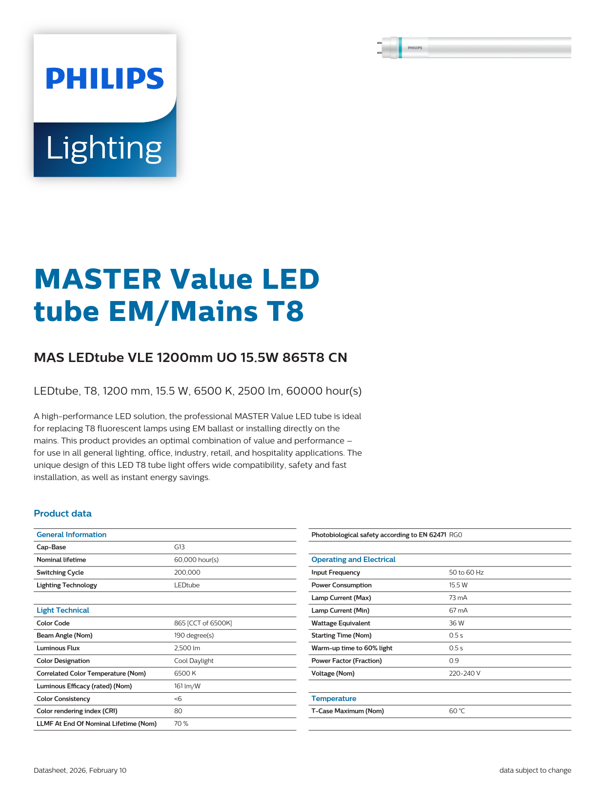 PHILIPS MASTER LED tube MAS LEDtube VLE 1200mm UO 15.5W 865 T8 CN 929002997810