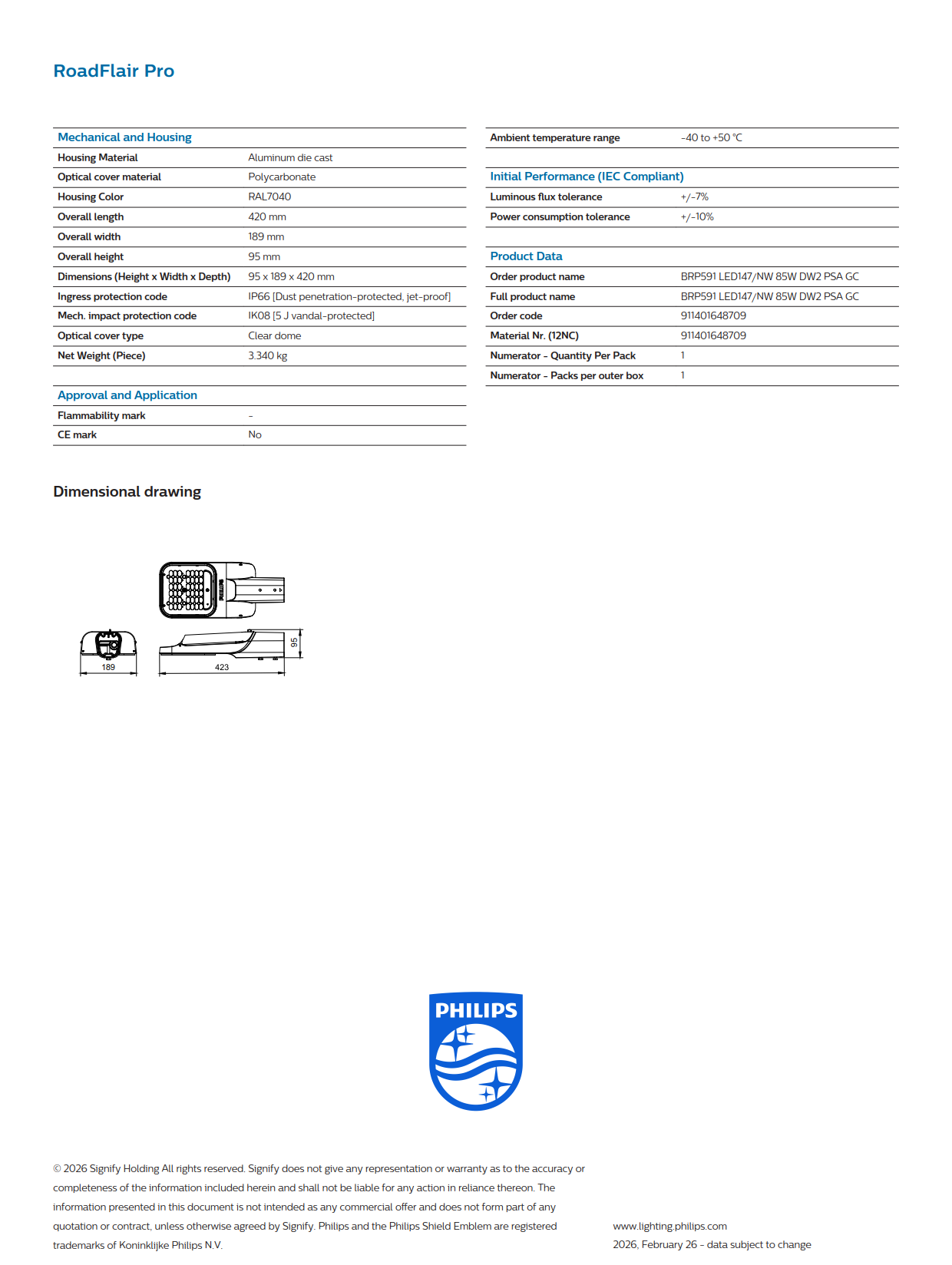 PHILIPS LED Street Light BRP591 LED137/WW 90W DW2 PSA GC 911401652708
