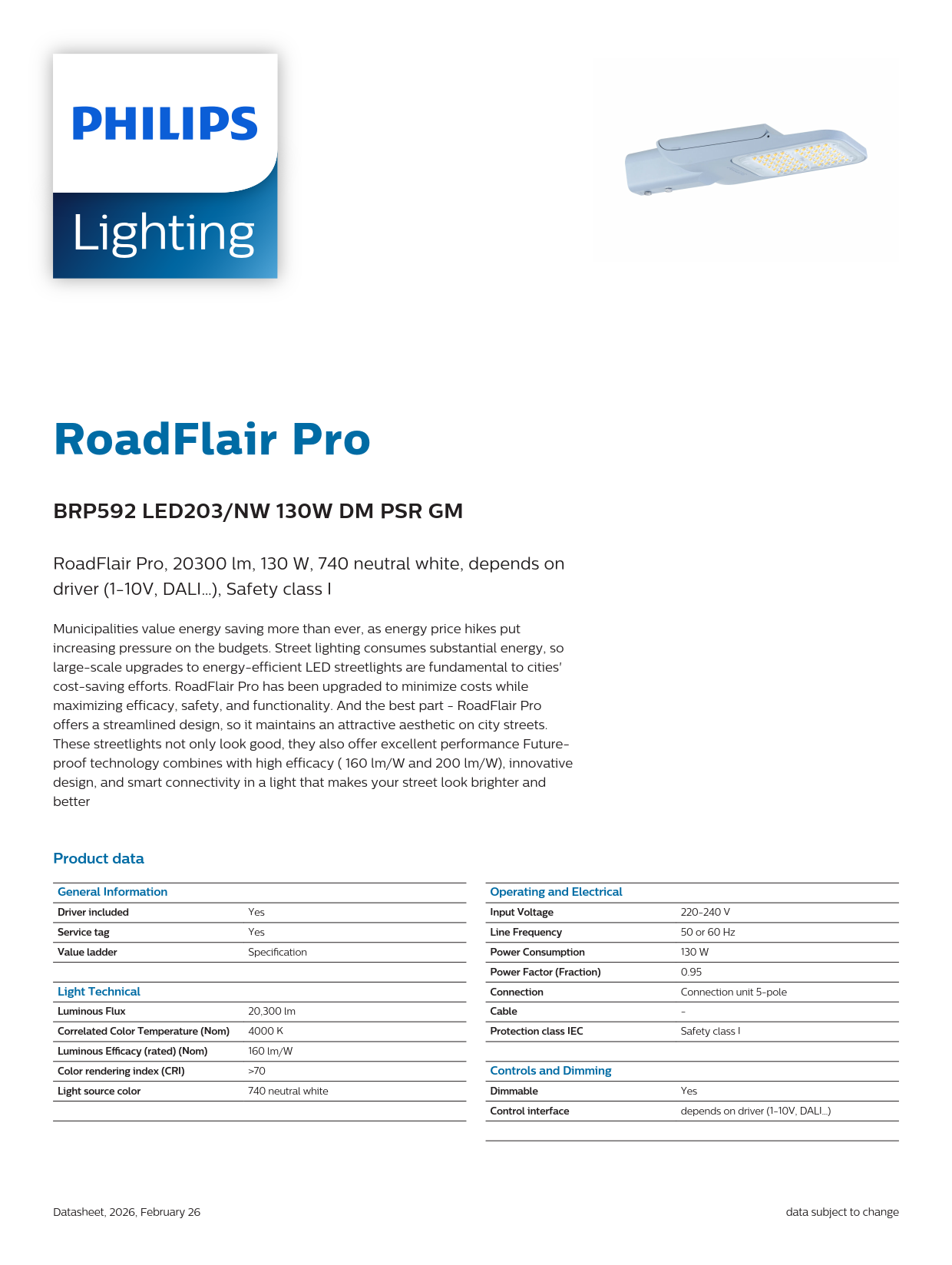 PHILIPS LED Street Light BRP592 LED203/NW 130W DM PSR GC 911401655908