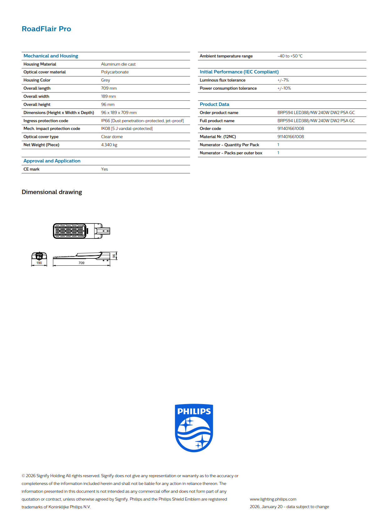 PHILIPS LED Street Light BRP594 LED388/NW 240W DW2 PSA GC 911401661008