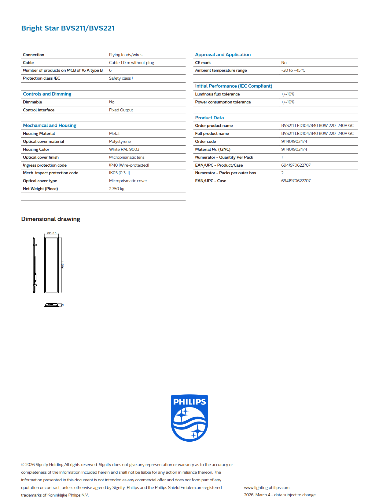 PHILIPS LED Linear Light Bright Star BVS211 LED104/840 80W 220-240V GC 911401902474 stadium lights Spot light