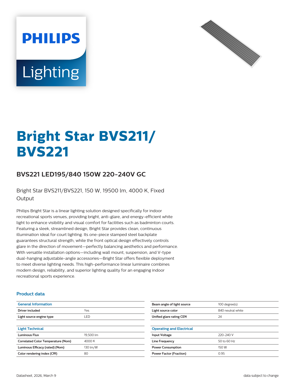 PHILIPS LED Linear Light Bright Star BVS221 LED195/840 150W 220-240V GC 911401902482 stadium lights