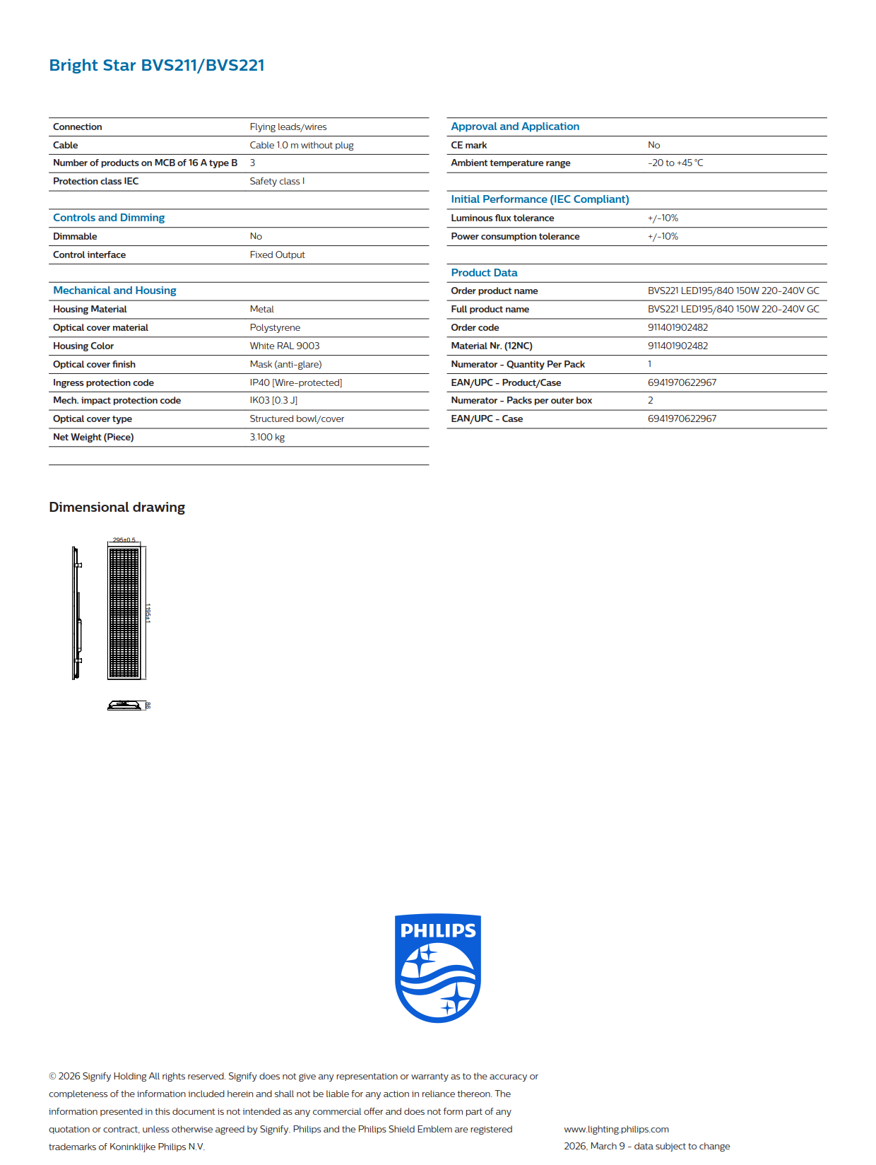 PHILIPS LED Linear Light Bright Star BVS221 LED195/840 150W 220-240V GC 911401902482 stadium lights