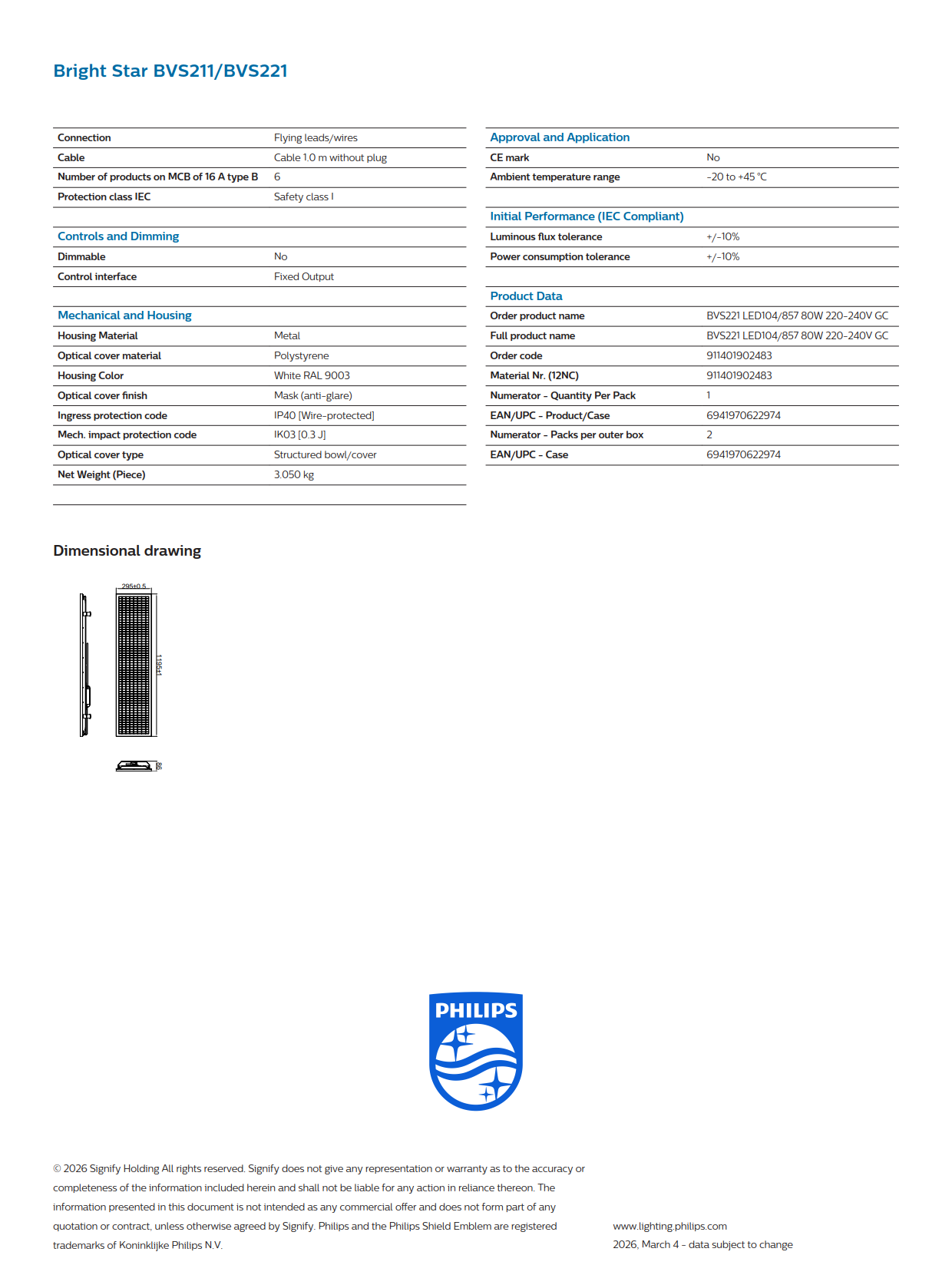 PHILIPS LED Linear Light Bright Star BVS221 LED104/857 80W 220-240V GC 911401902483 stadium lights
