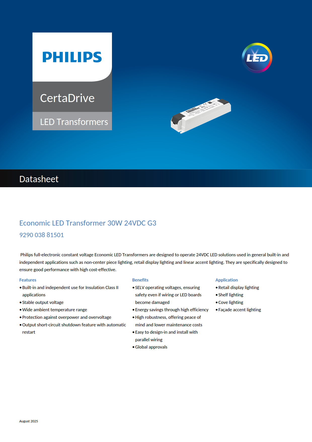 PHILIPS LED strip Driver Economic LED Transformer 30W 24VDC G3 929003881501