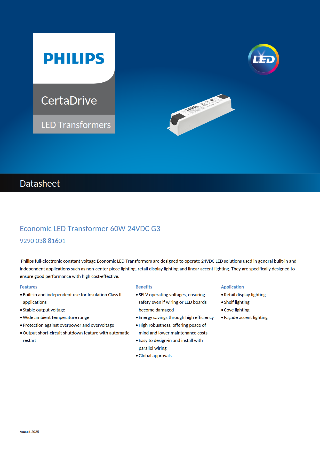 PHILIPS LED strip Driver Economic LED Transformer 60W 24VDC G3 929003881601