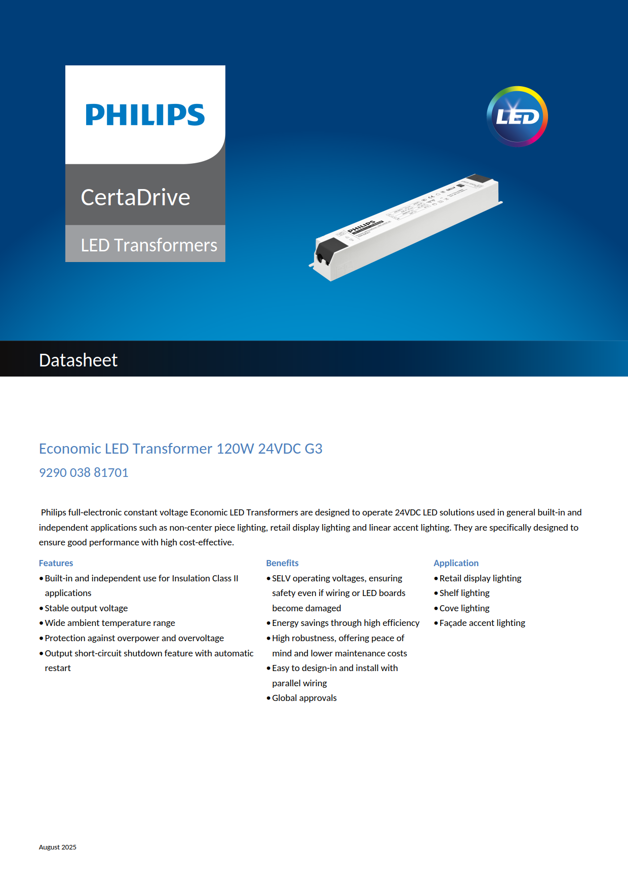 PHILIPS LED Strip Driver Economic LED Transformer 120W 24VDC G3 929003881701