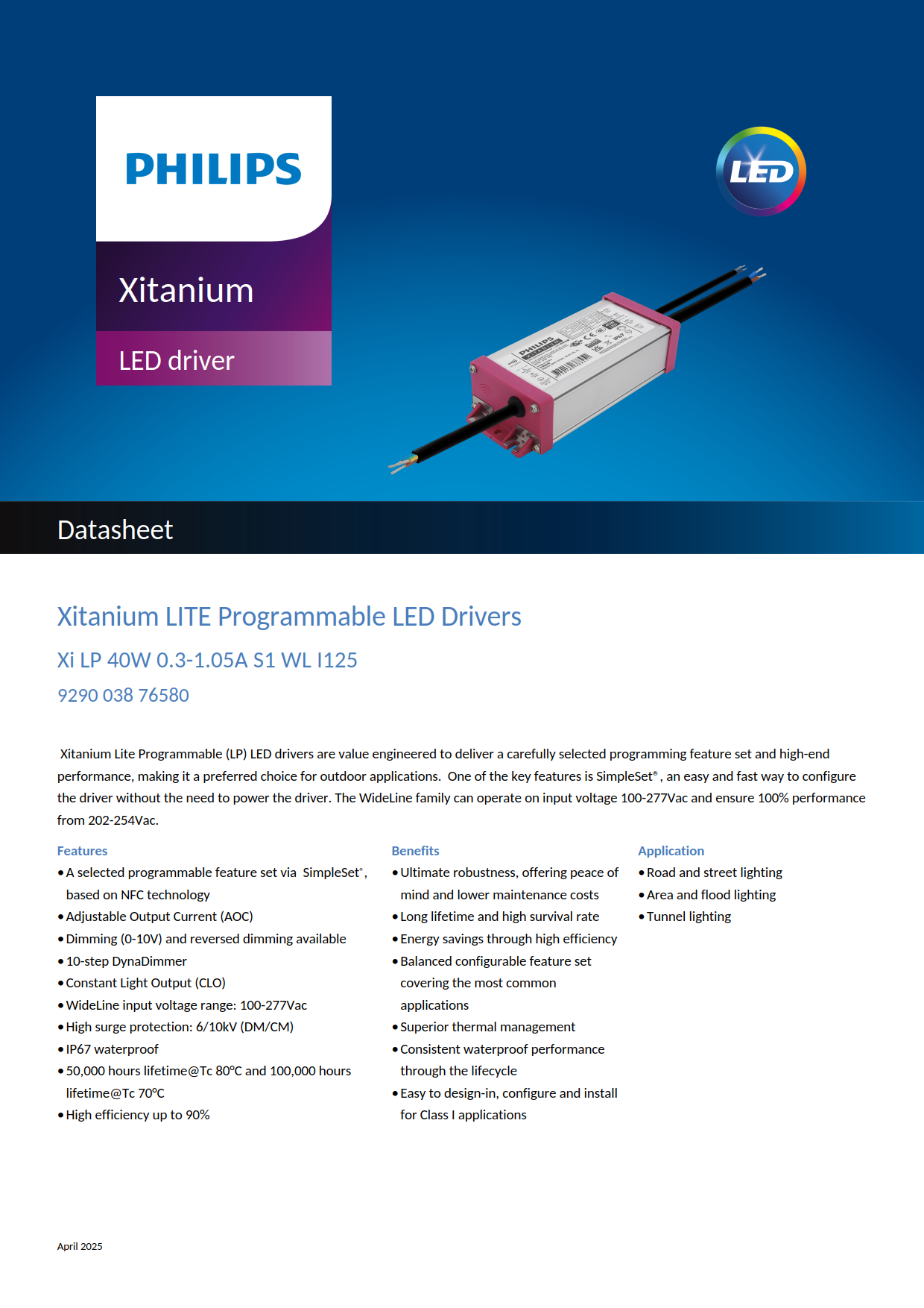 PHILIPS Outdoor driver Xitanium LITE Programmable LED Drivers Xi LP 40W 0.3-1.05A S1 WL I125 929003876580