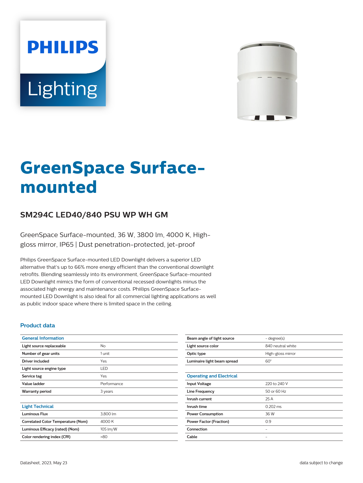 PHILIPS LED Surface Downlight GreenSpace SM294C LED40/840 PSU WH 911401510131