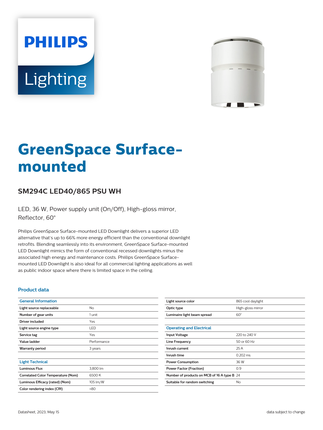 PHILIPS LED Surface Downlight GreenSpace SM294C LED40/865 PSU BK 911401510531