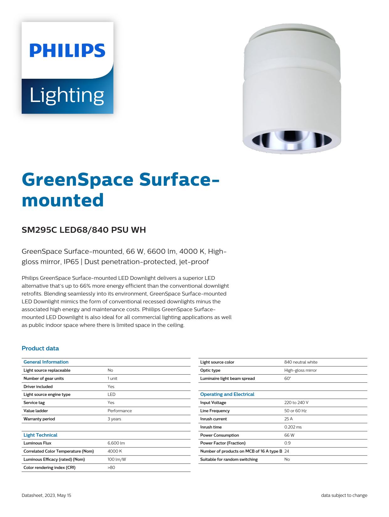 PHILIPS IP65 LED Surface Downlight GreenSpace SM295C LED68/840 PSU WP BK 911401512231 PHILIPS IP65 LED Surface Downlight GreenSpace SM295C LED68/840 PSU WP BK 911401512231