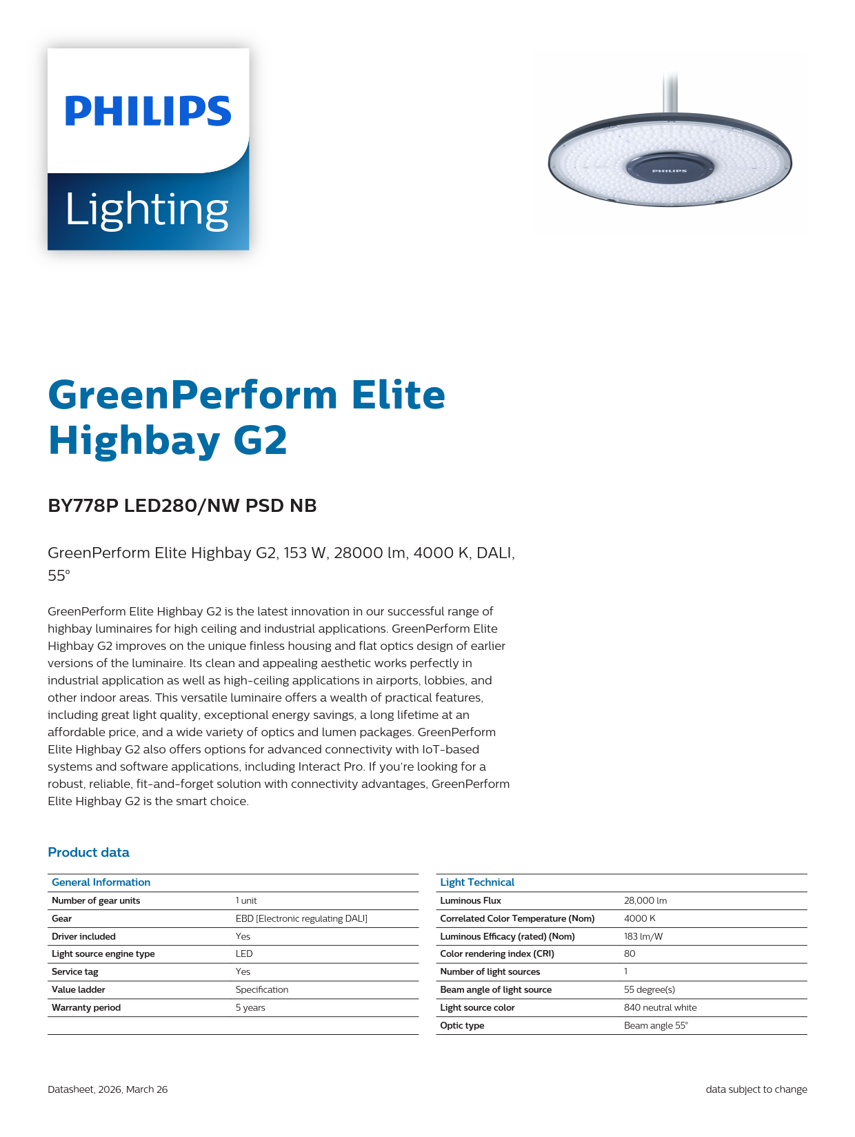 PHILIPS LED High Bay Light BY778P LED280/NW PSD NB DALi 911401638709