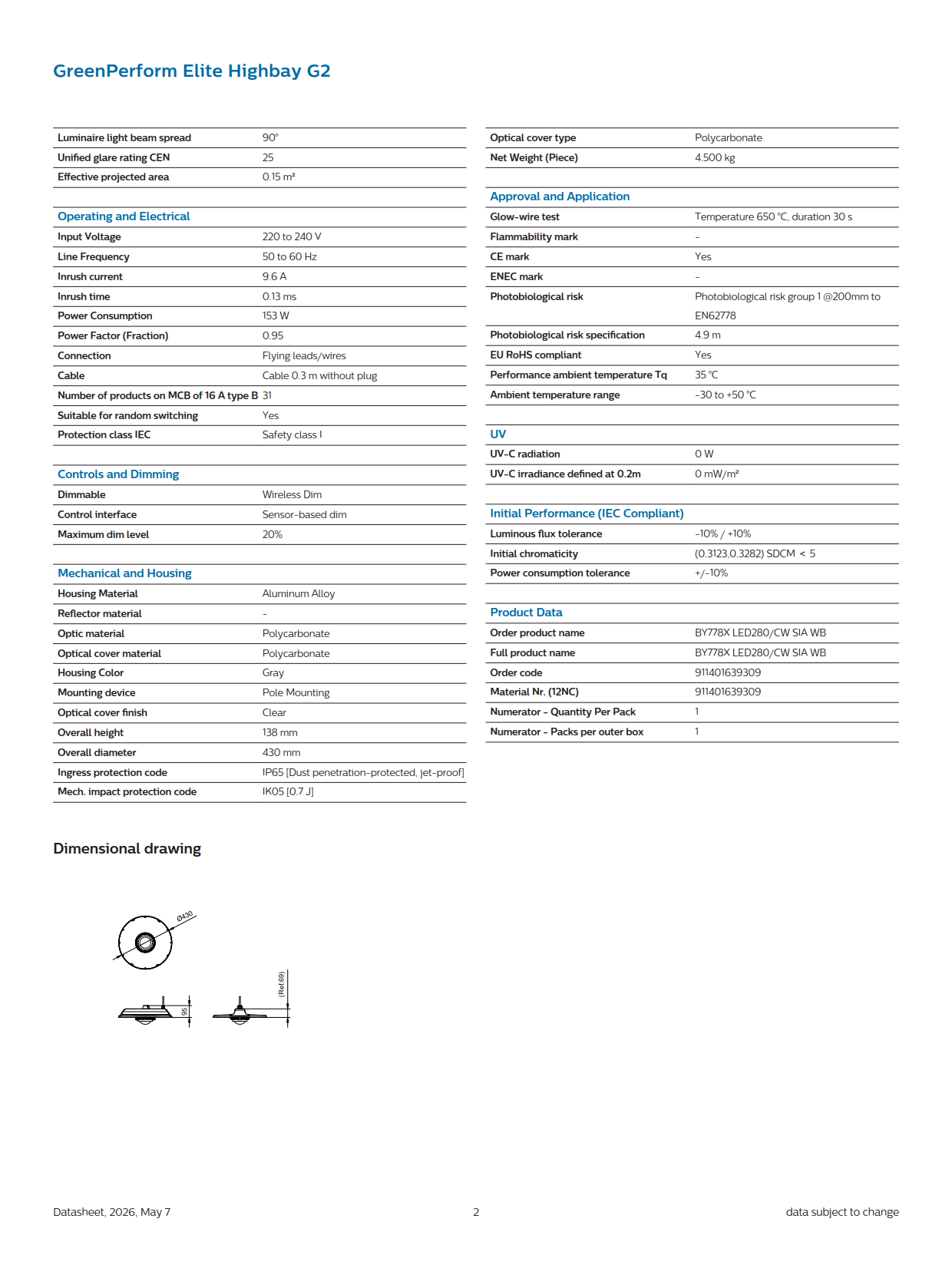 PHILIPS LED High Bay Light BY778X LED280/CW SIA WB SIA, Interact 911401639309 PHILIPS LED High Bay Light BY778X LED280/CW SIA WB SIA, Interact 911401639309