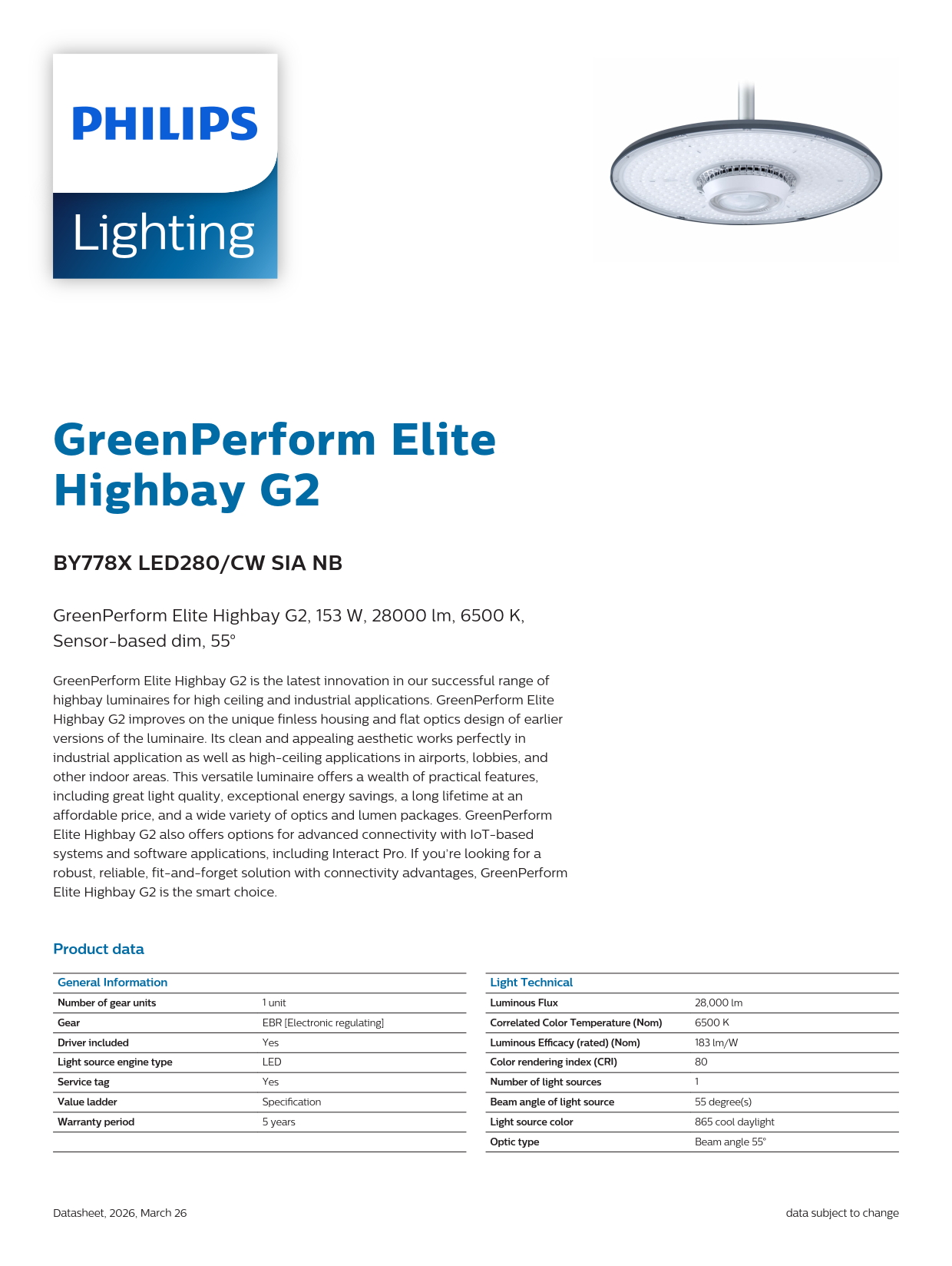PHILIPS LED High Bay Light BY778X LED280/CW SIA NB SIA, Interact 911401639409 PHILIPS LED High Bay Light BY778X LED280/CW SIA NB SIA, Interact 911401639409