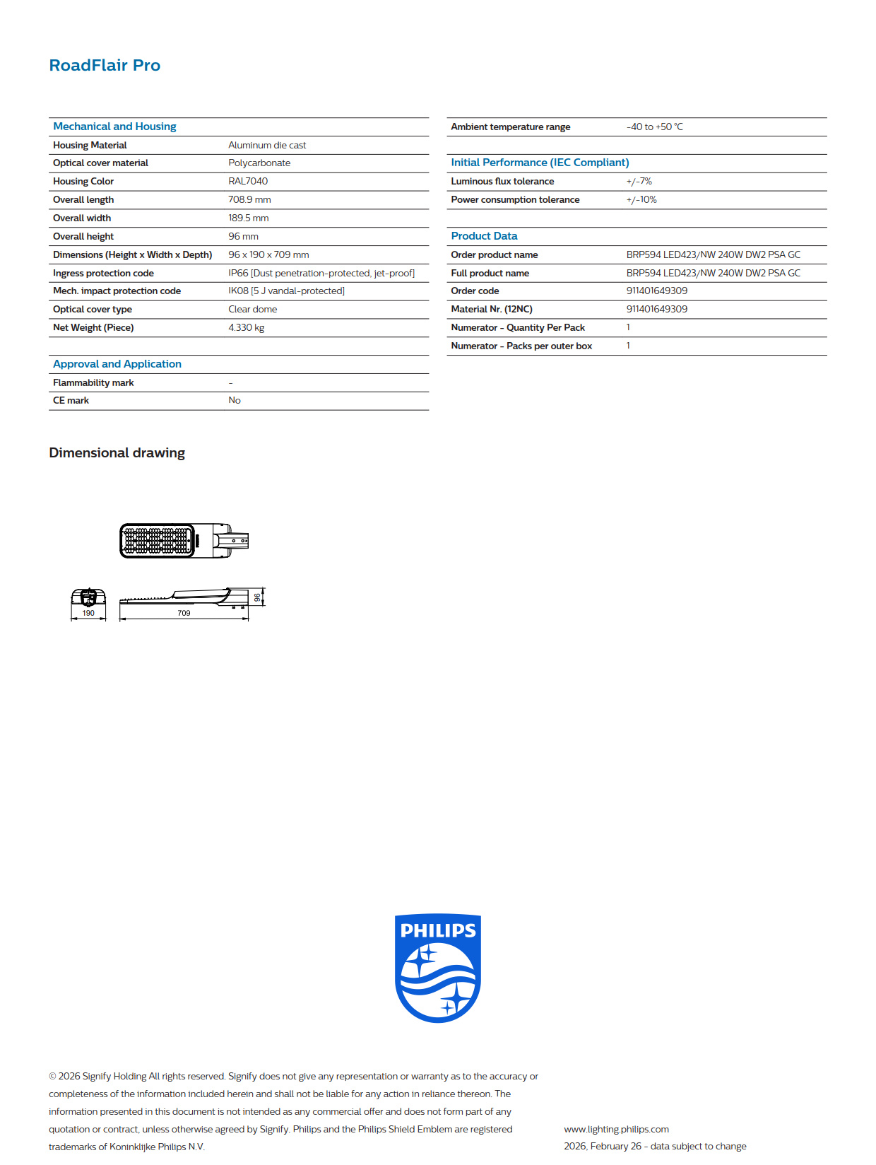 PHILIPS LED Street Light BRP594 LED423/NW 240W DW2 PSA GC 911401649309 PHILIPS LED Street Light BRP594 LED423/NW 240W DW2 PSA GC 911401649309